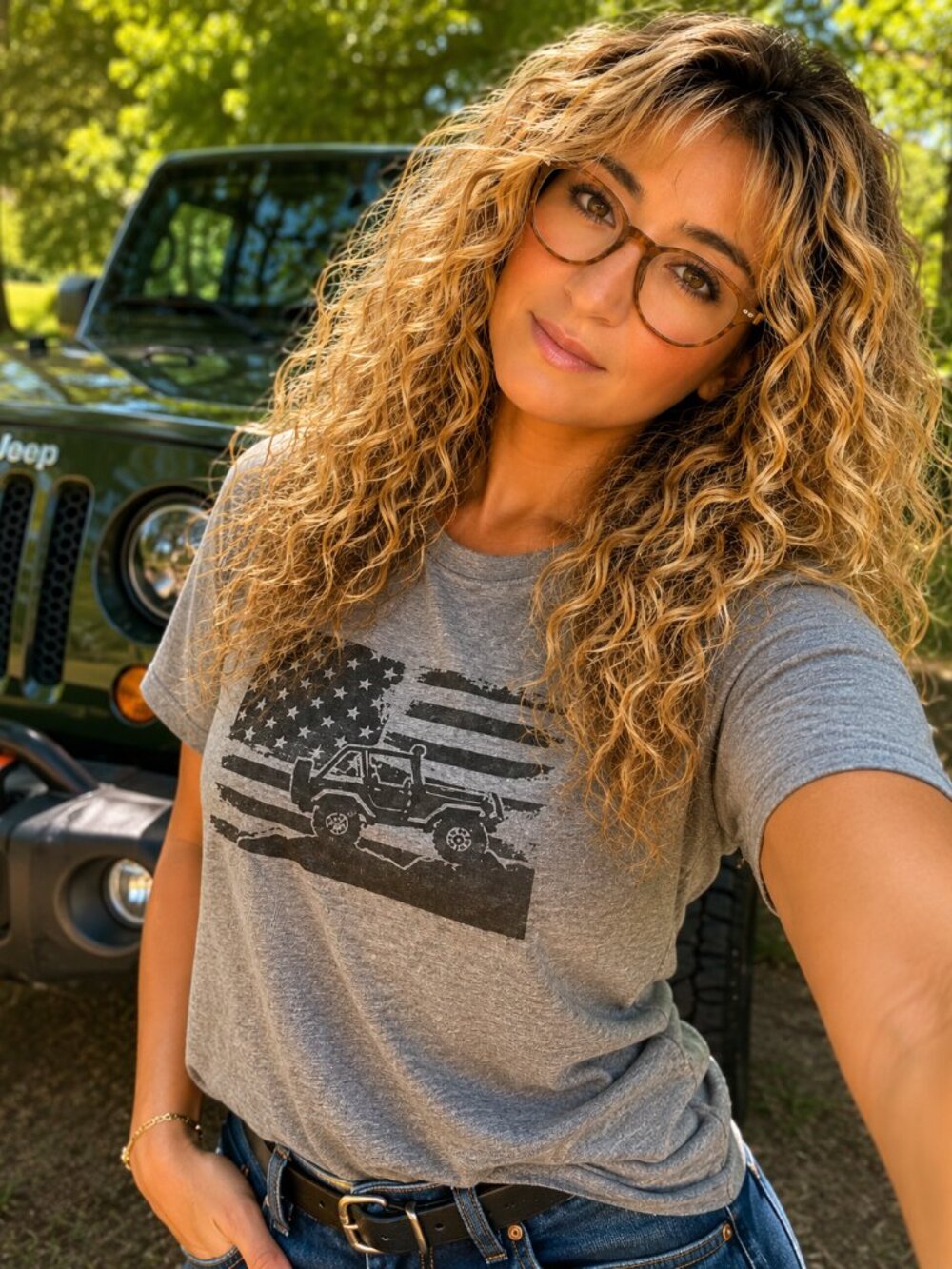 L Adult Jeep Shirt Gray w/ USA Flag Casual T-shirt Top Unisex